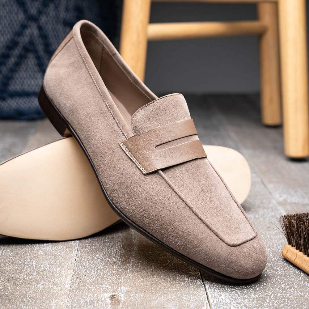 16-672-TPE Tippa Suede & Calfskin Penny Loafers Taupe - Zelli Italia - Flyclothing LLC