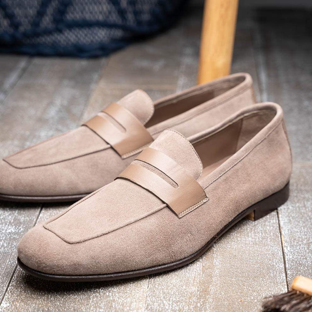 16-672-TPE Tippa Suede & Calfskin Penny Loafers Taupe - Zelli Italia - Flyclothing LLC