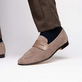 16-672-TPE Tippa Suede & Calfskin Penny Loafers Taupe - Zelli Italia - Flyclothing LLC