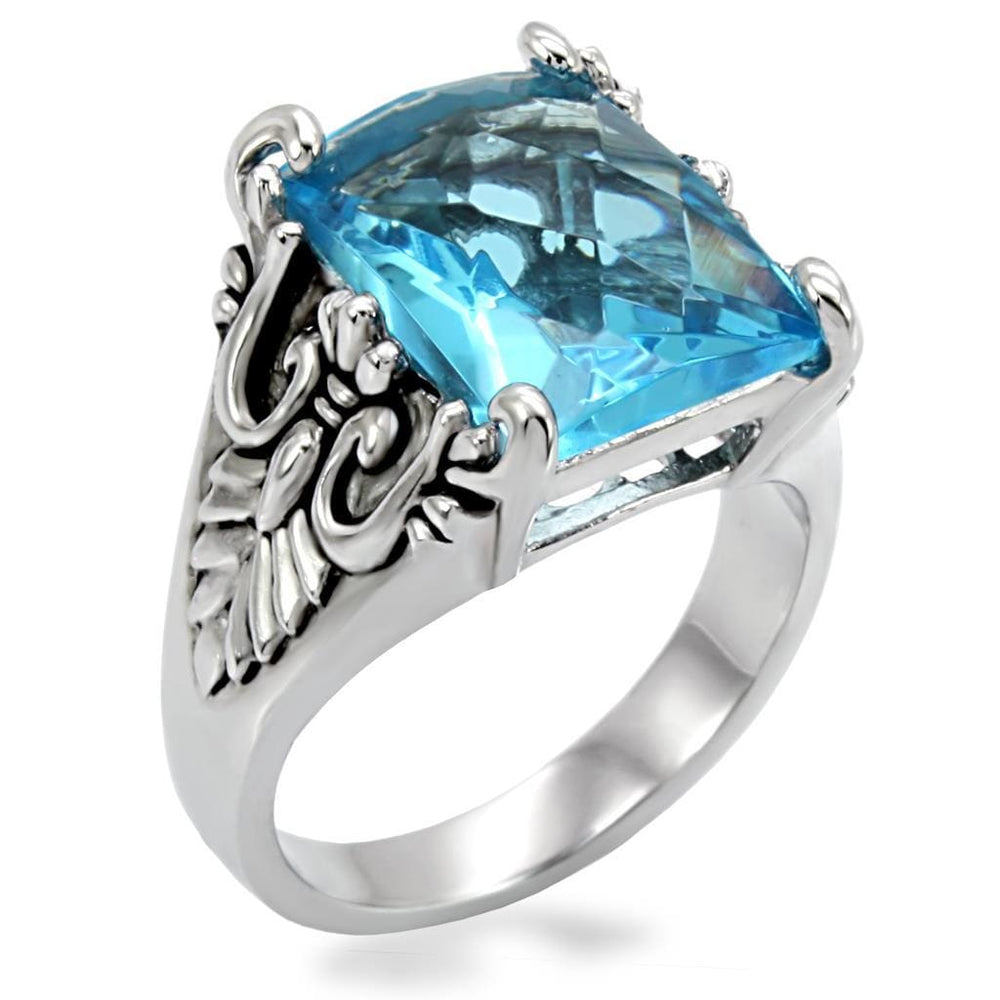TK021 - High polished (no plating) Stainless Steel Ring with Synthetic Synthetic Glass in Sea Blue - Alamode