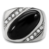 TK02214 - High polished (no plating) Stainless Steel Ring with Semi-Precious Agate in Jet - Alamode