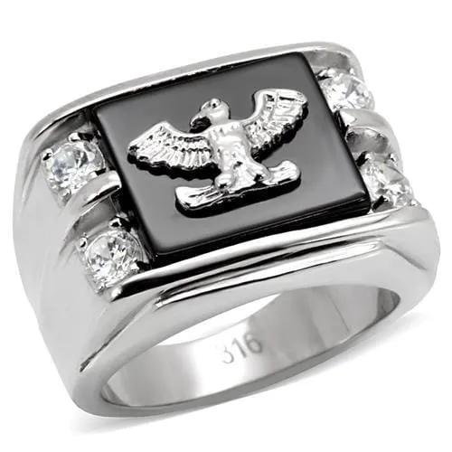 TK02221 - High polished (no plating) Stainless Steel Ring with Semi-Precious Agate in Jet - Alamode