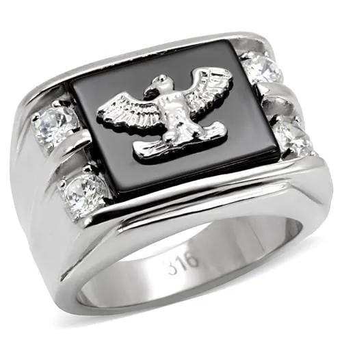 TK02221 - High polished (no plating) Stainless Steel Ring with Semi-Precious Agate in Jet - Alamode - Flyclothing LLC
