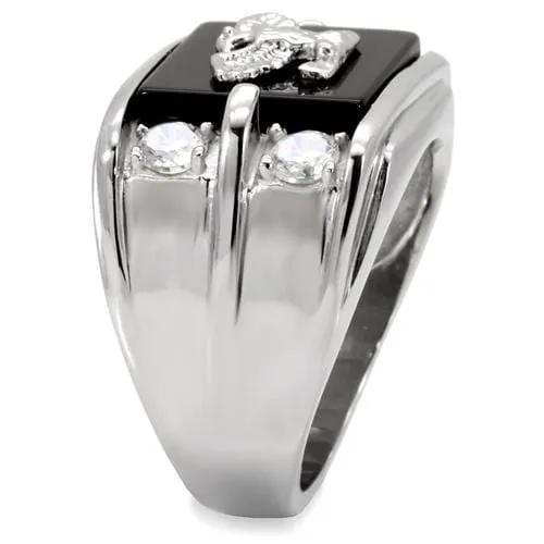 TK02221 - High polished (no plating) Stainless Steel Ring with Semi-Precious Agate in Jet - Alamode - Flyclothing LLC