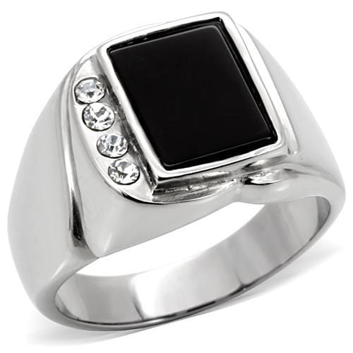 TK02225 - High polished (no plating) Stainless Steel Ring with Semi-Precious Agate in Jet - Alamode