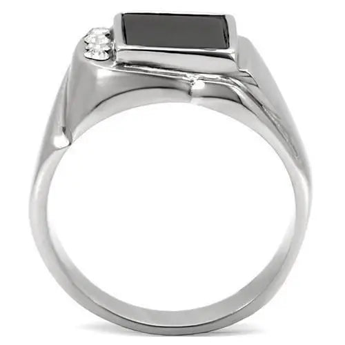 TK02225 - High polished (no plating) Stainless Steel Ring with Semi-Precious Agate in Jet - Alamode - Flyclothing LLC