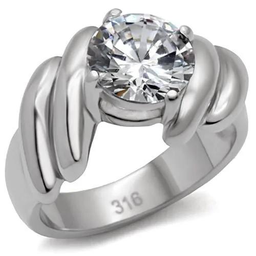 TK060 - High polished (no plating) Stainless Steel Ring with AAA Grade CZ  in Clear - Alamode