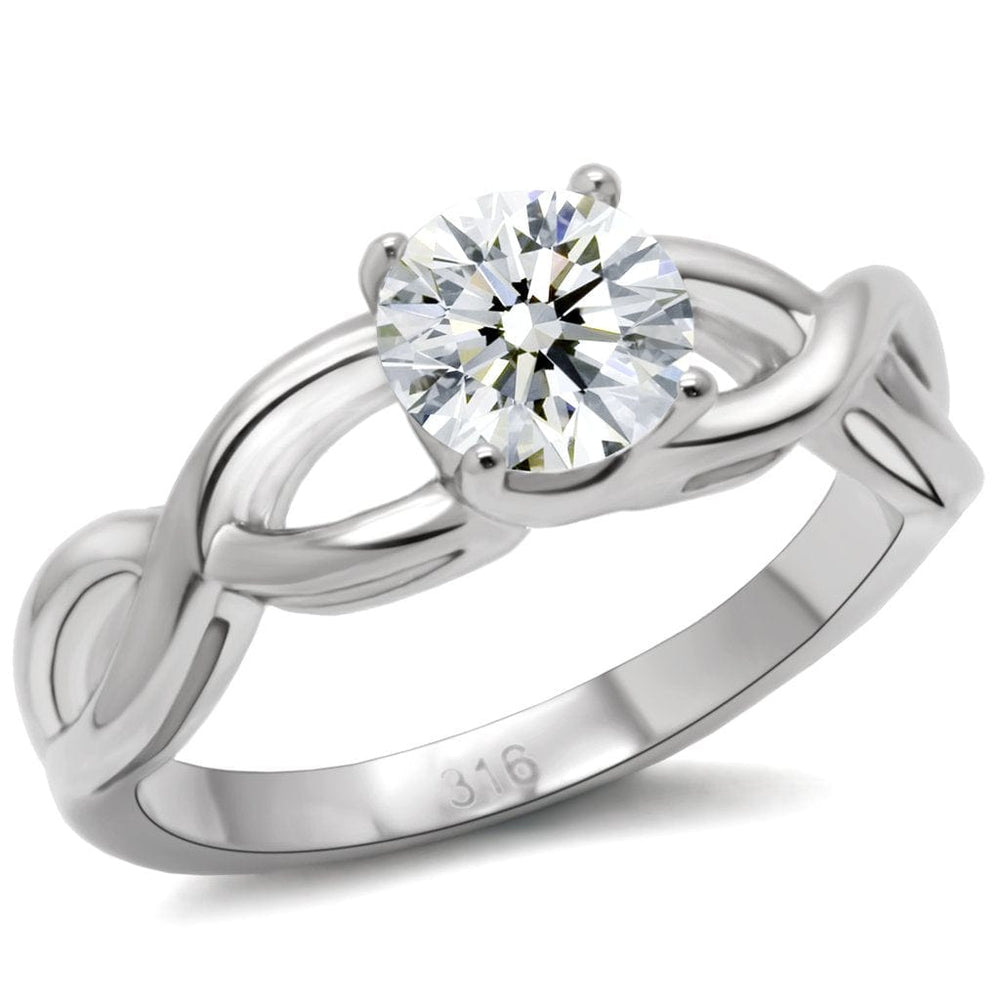 TK065 - High polished (no plating) Stainless Steel Ring with AAA Grade CZ  in Clear - Alamode
