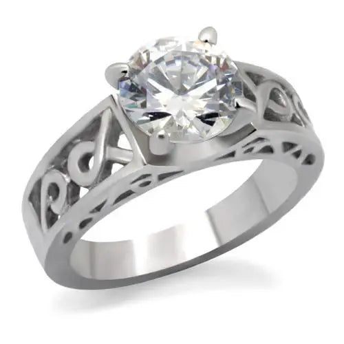 TK069 - High polished (no plating) Stainless Steel Ring with AAA Grade CZ in Clear - Alamode - Flyclothing LLC
