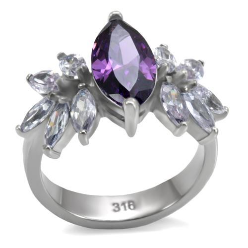 TK085 - High polished (no plating) Stainless Steel Ring with AAA Grade CZ  in Amethyst - Alamode