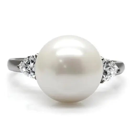 TK090 - High polished (no plating) Stainless Steel Ring with Synthetic Pearl in Aurora Borealis (Rainbow Effect) - Alamode - Flyclothing LLC