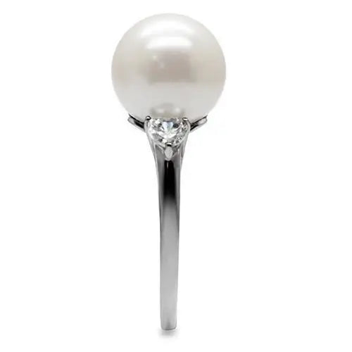 TK090 - High polished (no plating) Stainless Steel Ring with Synthetic Pearl in Aurora Borealis (Rainbow Effect) - Alamode - Flyclothing LLC