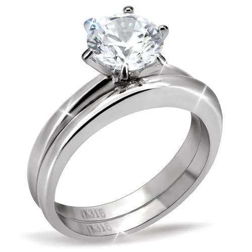 TK097 - High polished (no plating) Stainless Steel Ring with AAA Grade CZ in Clear - Alamode - Flyclothing LLC