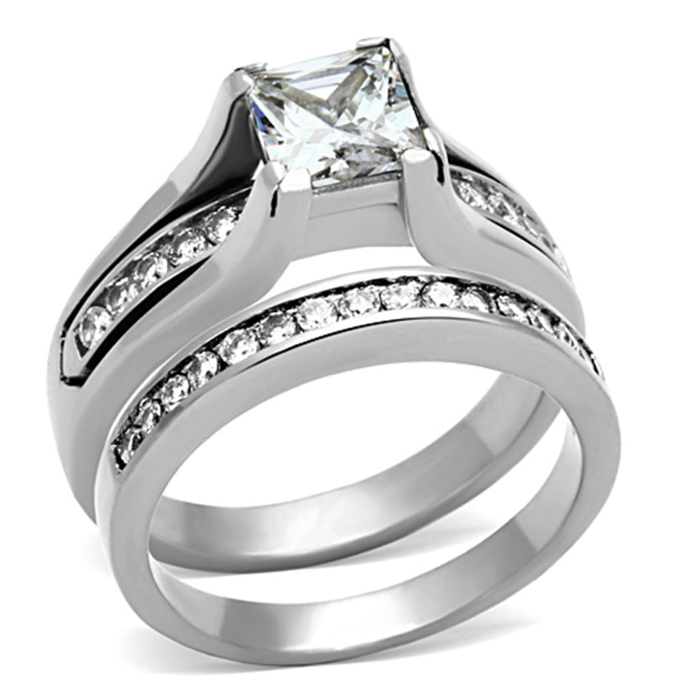 TK0W383 - High polished (no plating) Stainless Steel Ring with AAA Grade CZ  in Clear - Alamode