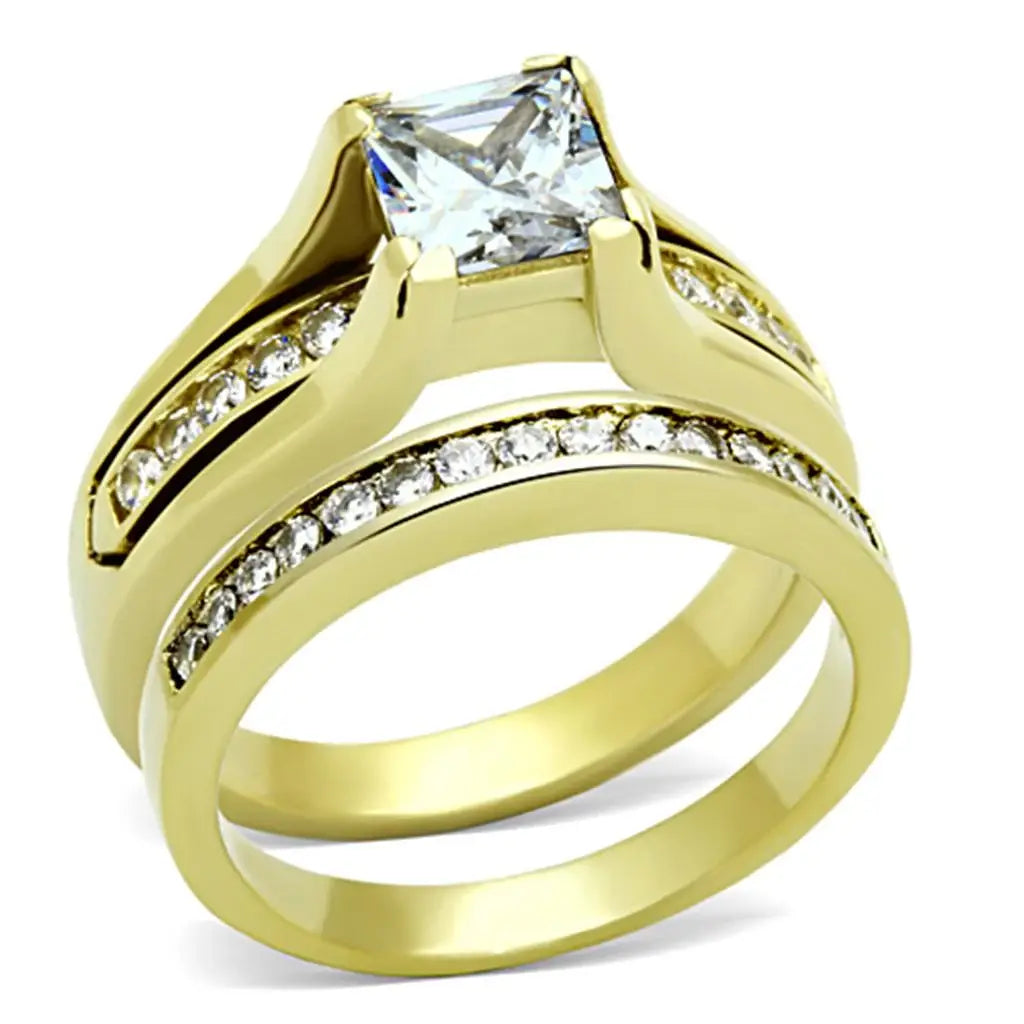 IP Gold(Ion Plating) Stainless Steel Ring with AAA Grade CZ in Clear - Alamode - Flyclothing LLC