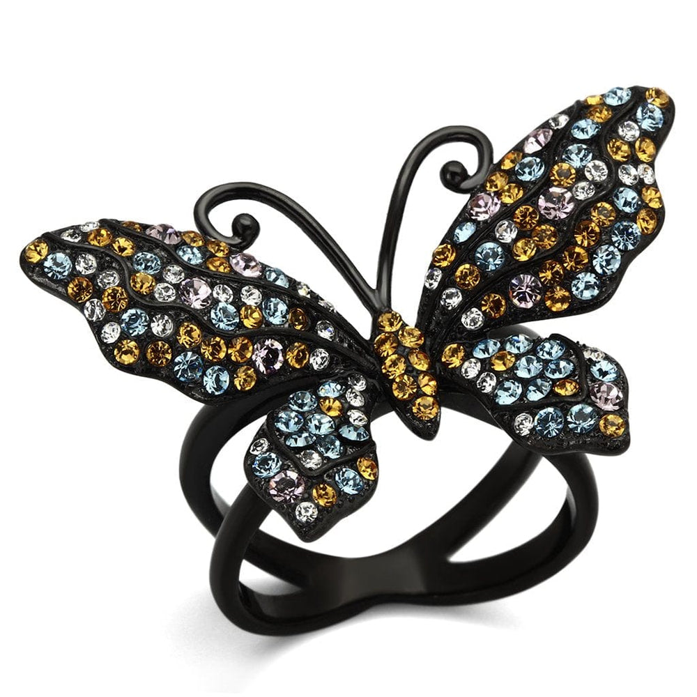 TK1004 - IP Black(Ion Plating) Stainless Steel Ring with Top Grade Crystal  in Multi Color - Alamode