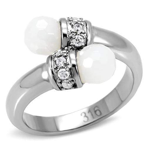 TK101 - High polished (no plating) Stainless Steel Ring with Milky CZ in White - Alamode - Flyclothing LLC