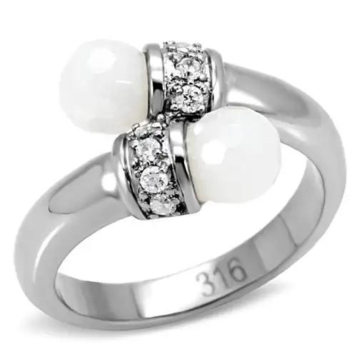 TK101 - High polished (no plating) Stainless Steel Ring with Milky CZ  in White - Alamode