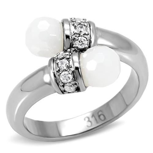 TK101 - High polished (no plating) Stainless Steel Ring with Milky CZ  in White