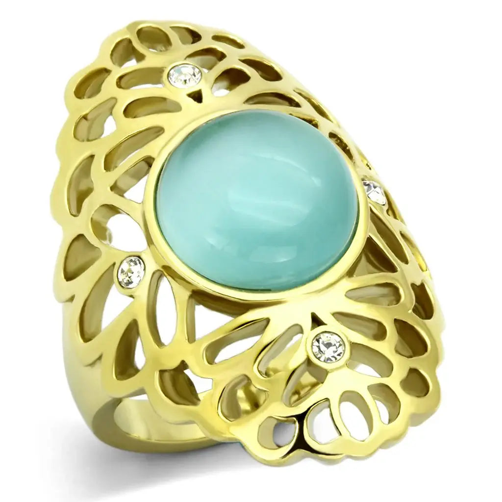 TK1029 - IP Gold(Ion Plating) Stainless Steel Ring with Synthetic Cat Eye in Light Sapphire - Alamode - Flyclothing LLC