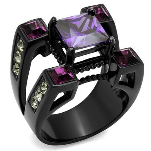 TK1072J - IP Black(Ion Plating) Stainless Steel Ring with AAA Grade CZ  in Amethyst - Alamode