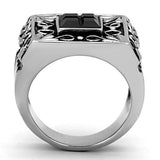TK1074 - High polished (no plating) Stainless Steel Ring with Synthetic Synthetic Glass in Jet - Alamode