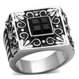TK1074 - High polished (no plating) Stainless Steel Ring with Synthetic Synthetic Glass in Jet - Alamode
