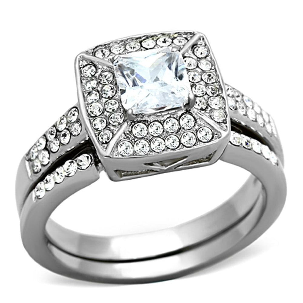 TK1088 - High polished (no plating) Stainless Steel Ring with AAA Grade CZ  in Clear - Alamode