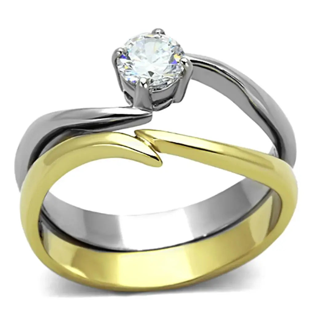 TK1092 - Two-Tone IP Gold (Ion Plating) Stainless Steel Ring with AAA Grade CZ in Clear - Alamode - Flyclothing LLC