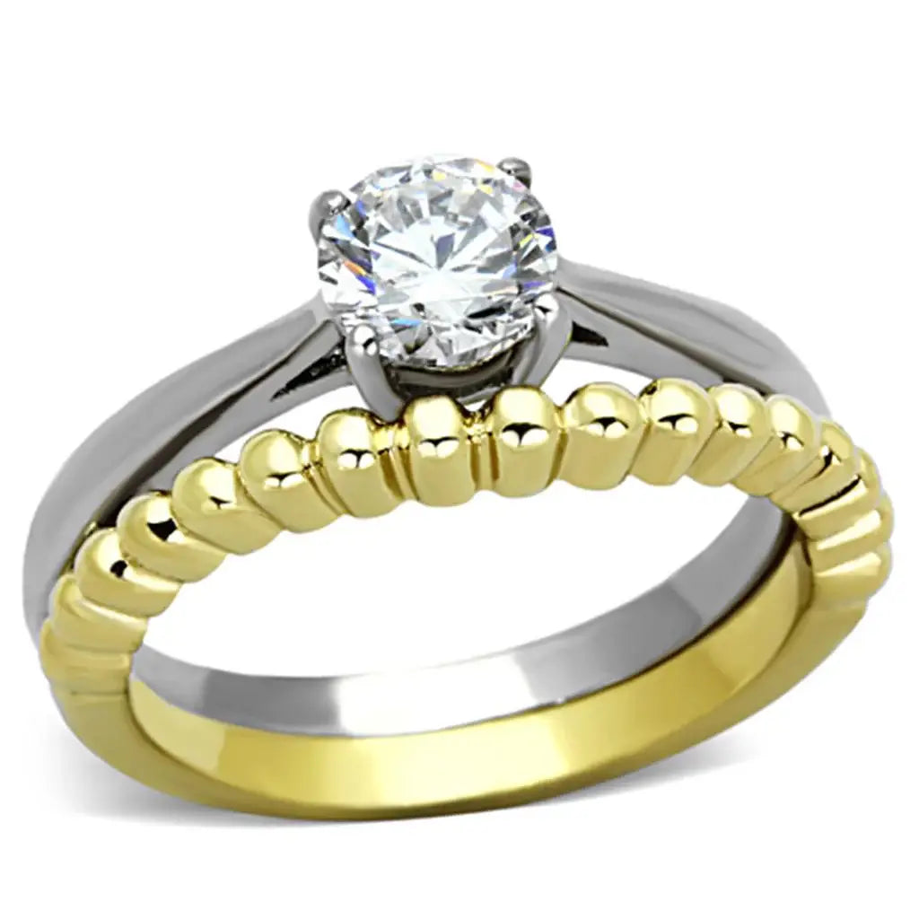 TK1093 - Two-Tone IP Gold (Ion Plating) Stainless Steel Ring with AAA Grade CZ in Clear - Alamode - Flyclothing LLC