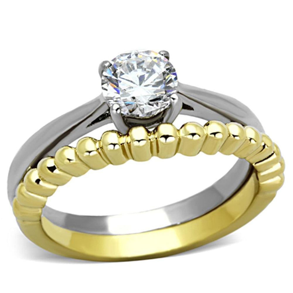 TK1093 - Two-Tone IP Gold (Ion Plating) Stainless Steel Ring with AAA Grade CZ  in Clear - Alamode