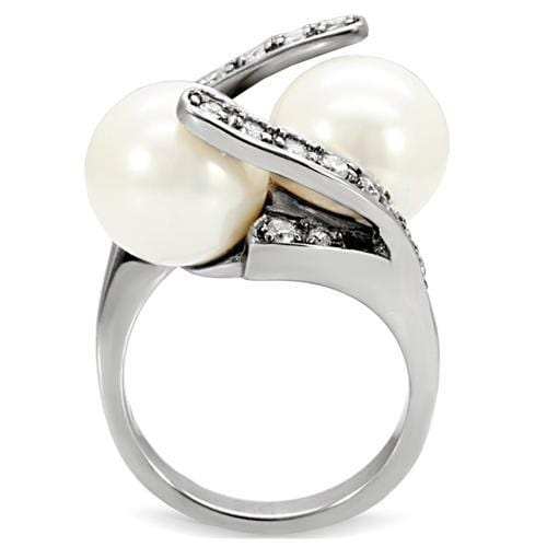 TK113 - High polished (no plating) Stainless Steel Ring with Synthetic Pearl in White - Alamode - Flyclothing LLC