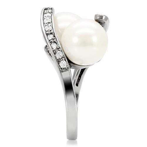 TK113 - High polished (no plating) Stainless Steel Ring with Synthetic Pearl in White - Alamode - Flyclothing LLC