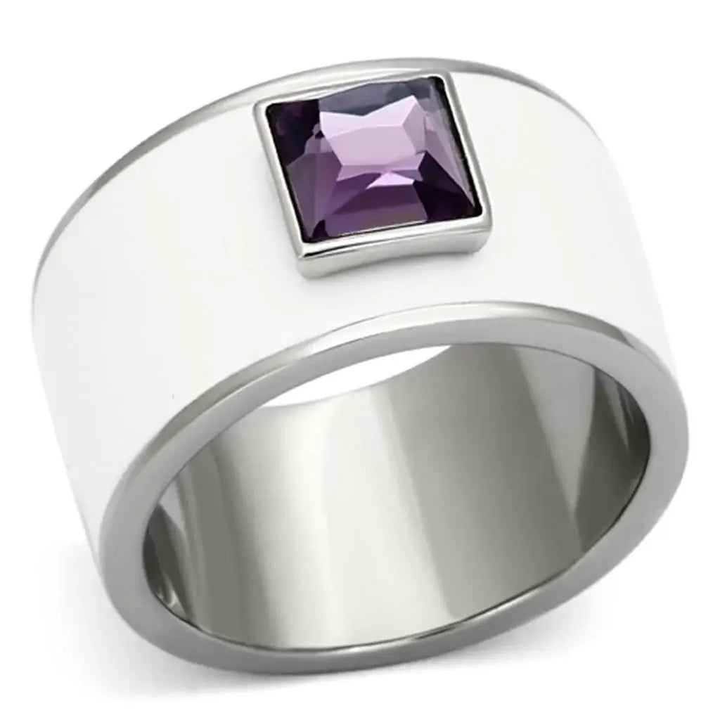 TK1142 - High polished (no plating) Stainless Steel Ring with Synthetic Synthetic Glass in Amethyst - Alamode - Flyclothing LLC