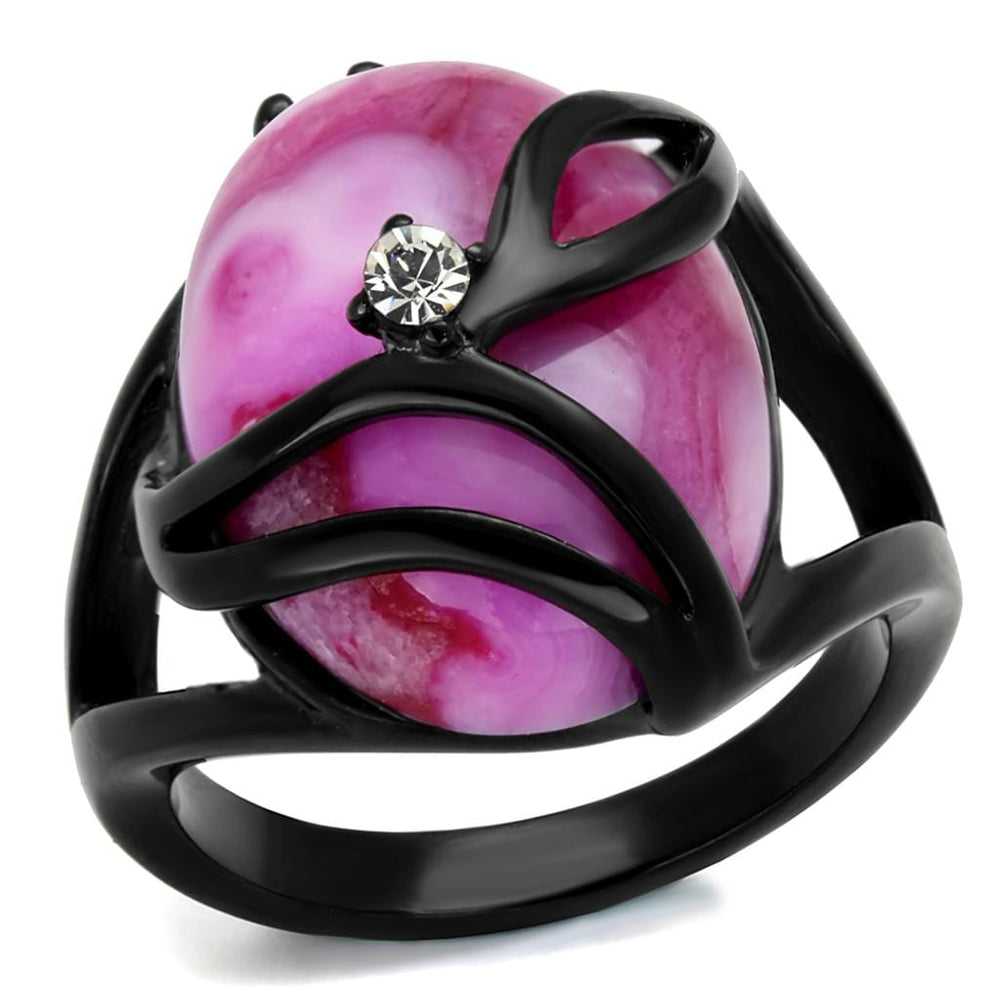 TK1144J - IP Black(Ion Plating) Stainless Steel Ring with Synthetic Cat Eye in Fuchsia - Alamode