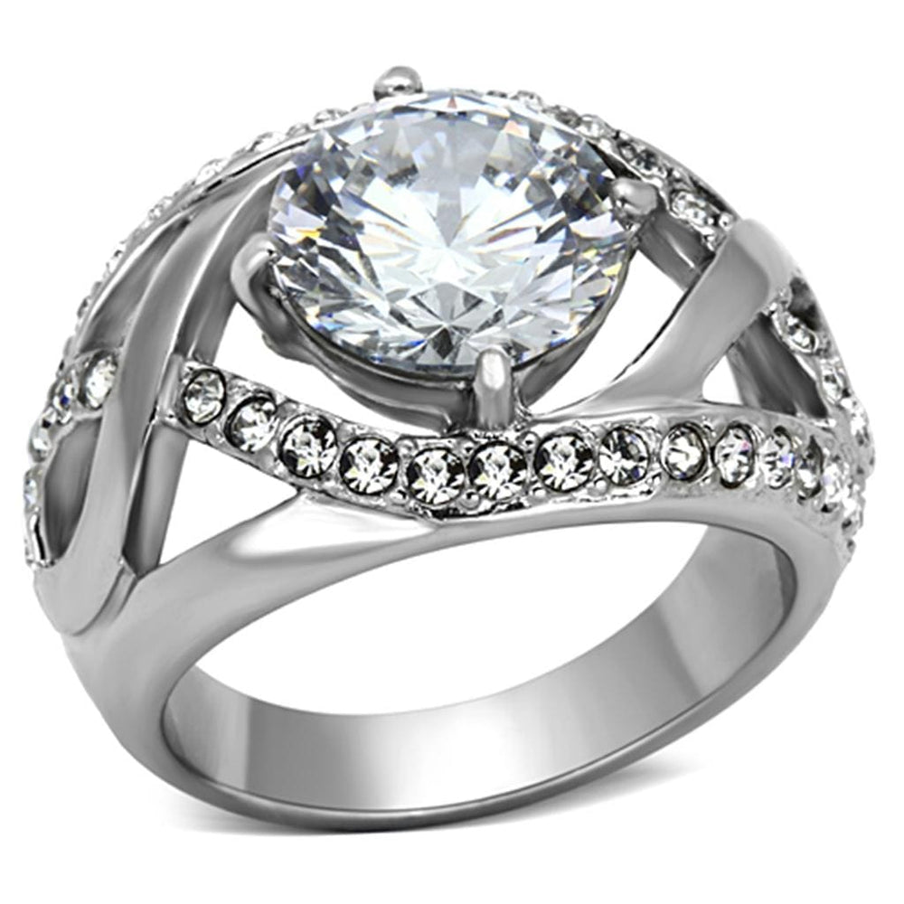 TK1176 - High polished (no plating) Stainless Steel Ring with AAA Grade CZ  in Clear - Alamode
