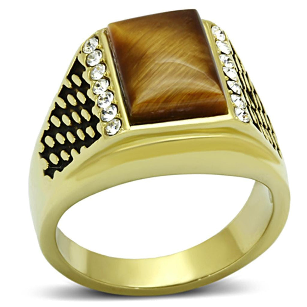 TK1187 - IP Gold(Ion Plating) Stainless Steel Ring with Synthetic Tiger Eye in Topaz - Alamode