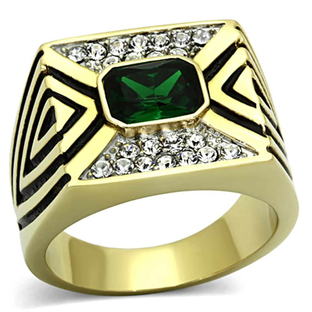 TK1195 - Two-Tone IP Gold (Ion Plating) Stainless Steel Ring with Synthetic Synthetic Glass in Emerald - Alamode