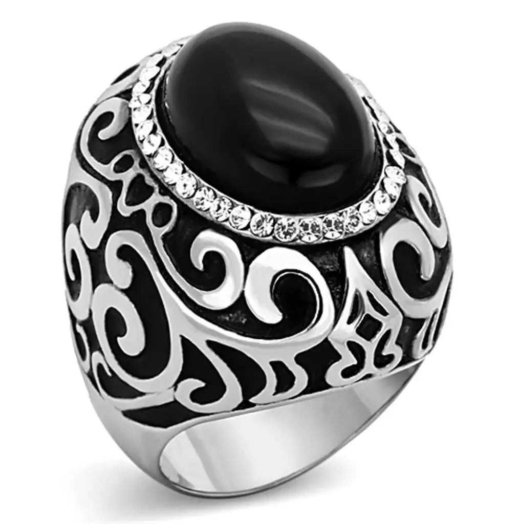 TK1211 - High polished (no plating) Stainless Steel Ring with Synthetic Cat Eye in Jet - Alamode - Flyclothing LLC