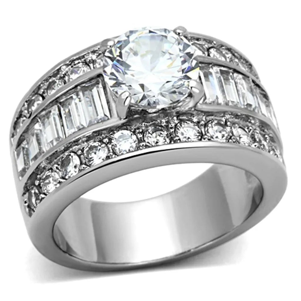 TK1232 - High polished (no plating) Stainless Steel Ring with AAA Grade CZ  in Clear - Alamode