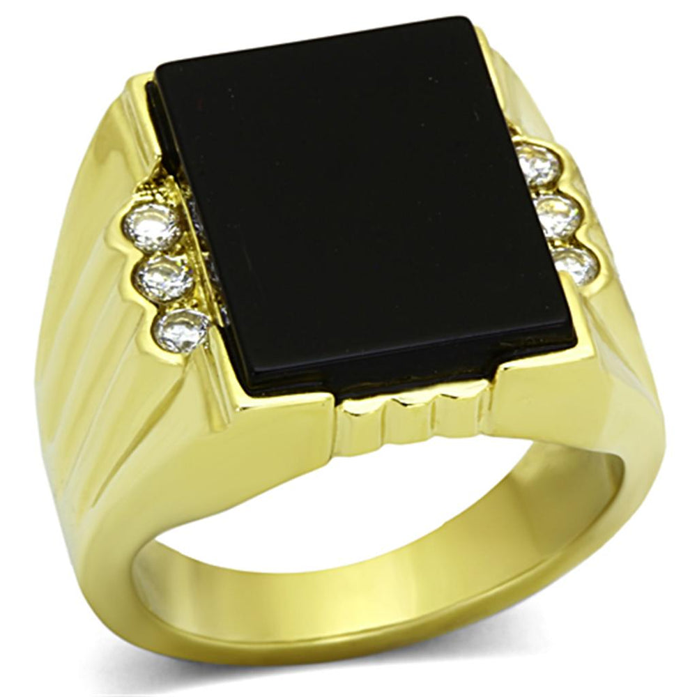 TK1236 - IP Gold(Ion Plating) Stainless Steel Ring with Synthetic Onyx in Jet - Alamode