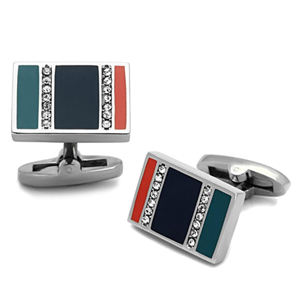 TK1245 - High polished (no plating) Stainless Steel Cufflink with Top Grade Crystal  in Clear - Alamode