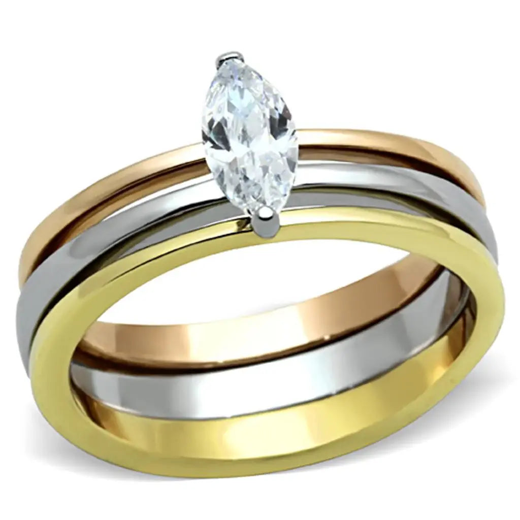 TK1276 - Three Tone IPÃ¯Â¼Ë†IP Gold & IP Rose Gold & High Polished) Stainless Steel Ring with AAA Grade CZ in Clear - Alamode - Flyclothing LLC