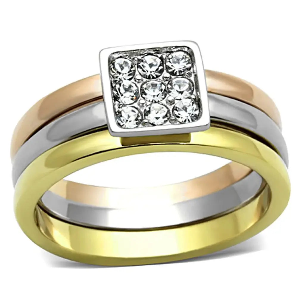 TK1277 - Three Tone IPï¼ˆIP Gold & IP Rose Gold & High Polished) Stainless Steel Ring with Top Grade Crystal in Clear - Alamode - Flyclothing LLC