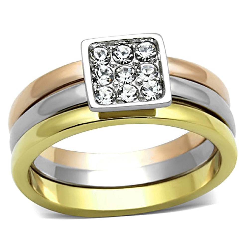TK1277 - Three Tone IPï¼ˆIP Gold & IP Rose Gold & High Polished) Stainless Steel Ring with Top Grade Crystal  in Clear - Alamode