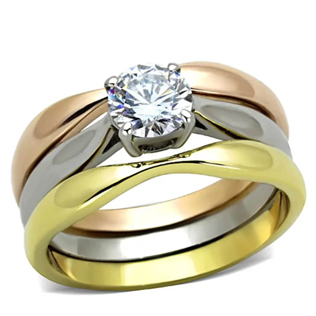 TK1278 - Three Tone IPÃ¯Â¼Ë†IP Gold & IP Rose Gold & High Polished) Stainless Steel Ring with AAA Grade CZ in Clear - Alamode - Flyclothing LLC