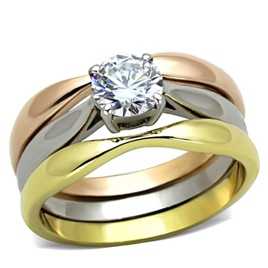 TK1278 - Three Tone IPÃ¯Â¼Ë†IP Gold & IP Rose Gold & High Polished) Stainless Steel Ring with AAA Grade CZ in Clear - Alamode - Flyclothing LLC