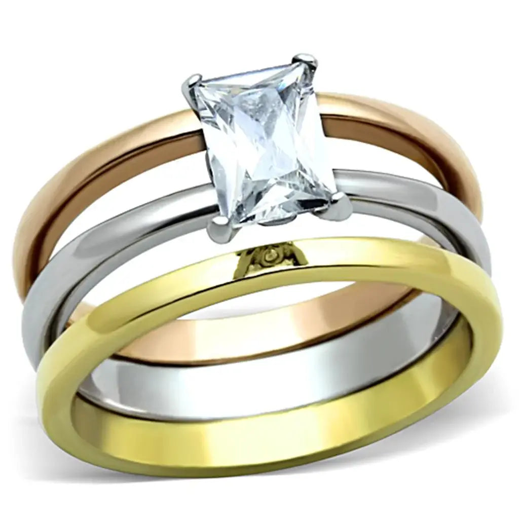 TK1279 - Three Tone IPÃ¯Â¼Ë†IP Gold & IP Rose Gold & High Polished) Stainless Steel Ring with AAA Grade CZ in Clear - Alamode - Flyclothing LLC