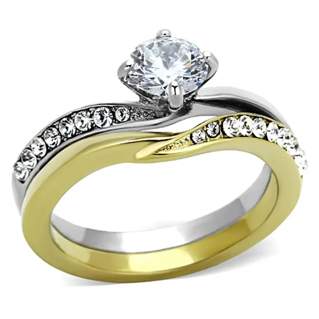 TK1280 - Two-Tone IP Gold (Ion Plating) Stainless Steel Ring with AAA Grade CZ in Clear - Alamode - Flyclothing LLC