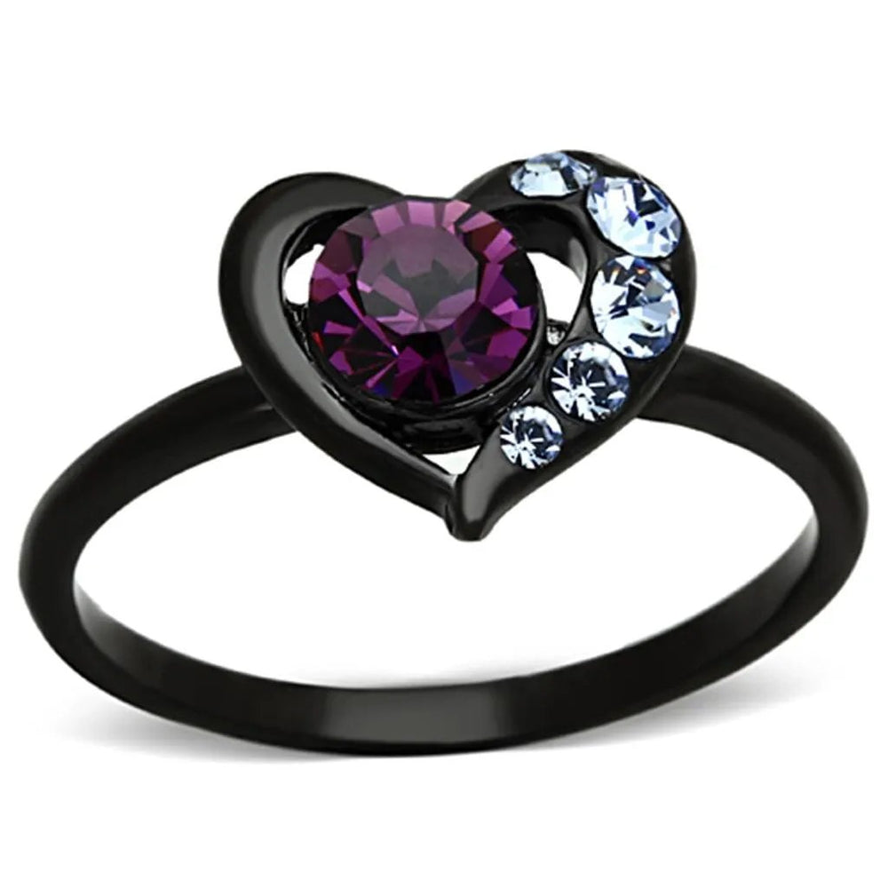 TK1300 - IP Black(Ion Plating) Stainless Steel Ring with Top Grade Crystal  in Amethyst - Alamode